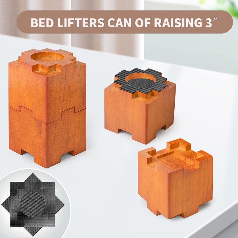 Wood Bed Risers with Non-Slip Rubber Pad, Stackable Furniture Risers