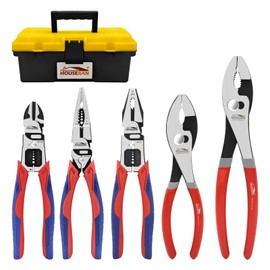 HOUSERAN 5-Piece Tool Set with Case Including 8-In and 10-In Slip Joint Pliers, 8.4” Needle Nose Pliers, 8.4” Linesman, 8.6” Diagonal Wire Cuters for DIY & Home Use