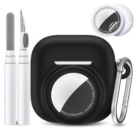 2 in 1 Silicone Case Compatible with AirPod 4 and AirTag,Anti-Scratch Anti-Lost Protective Skin Cover for AirPods 4th Generation with 2 PCS TPU Screen Protector&Lanyard (Black)