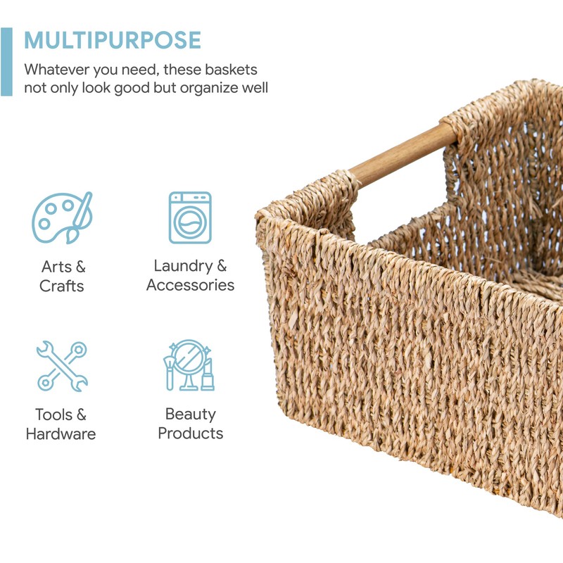 Large Natural Wicker Basket Rectangular with Wooden Handles, Seagrass Storage