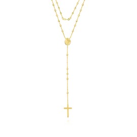 Savlano 925 Sterling Silver 1.5MM Beaded Rosary Miraculous Medallion & Cross Pendant Necklace -18K Gold Plated 19” Inches Y-Necklace Chain for Women, Religious Jewelry Comes with Gift Box - Made in Italy
