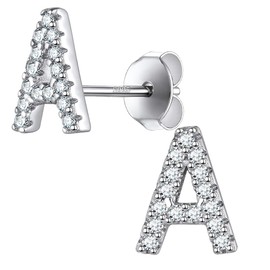 S925 Silver Stud Earring for Women Girl.Initial Letter A-Z Earrings Diamond-Accented Hypoallergenic Jewellery Gift (A)