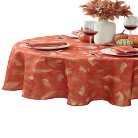 Newbridge Thanksgiving Spice Metallic Foliage Contemporary Oval Fabric Tablecloth, 60 x 84 Inch, Autumn Golden Metallic Leaf Print, Soil Resistant No Iron Easy Care Holiday Dinner Table Cover