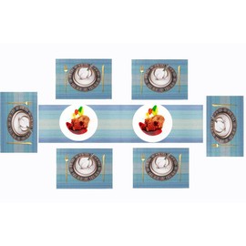 WANGCHAO Placemats and Table Runner 7-Pack Placemats Set of 6 with Table Runners for Kitchen Dinning Tables Vinyl Washable Table Mats (1 Table Runner & 6 Placemats, Ombre Blue)