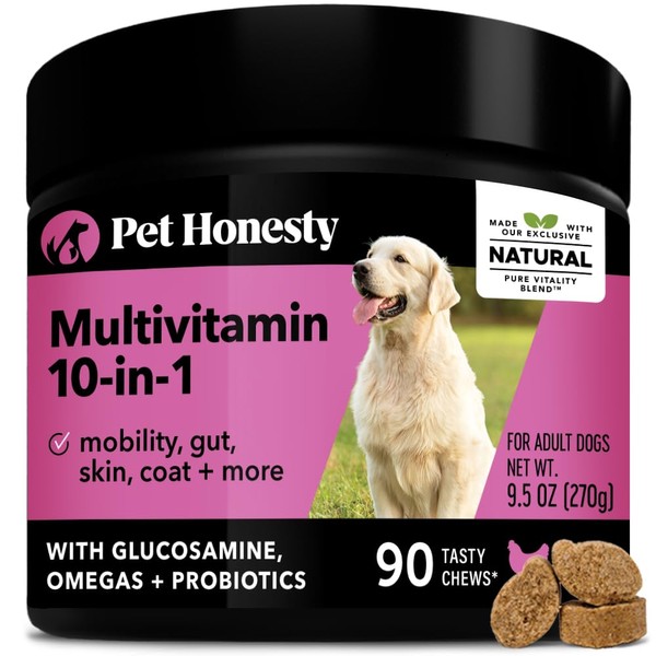 Pet Honesty 10 in 1 Dog Multivitamin - Fish Oil for Dogs, Dog Vitamins and Supplements - Glucosamine for Dogs, Probiotics, Omega Fish Oil - Dogs Health & Heart - Dog Skin and Coat Supplement (90 ct)