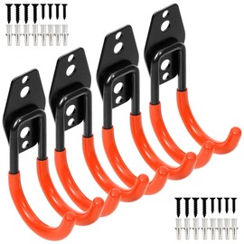 Yisunnan Wall Mount Double Hook,Heavy Duty Steel Garage Storage Utility Hooks with Anti-Slip Coating,Load Capacity 66 LB (4Pack Orange 2.8" Round J Hook)