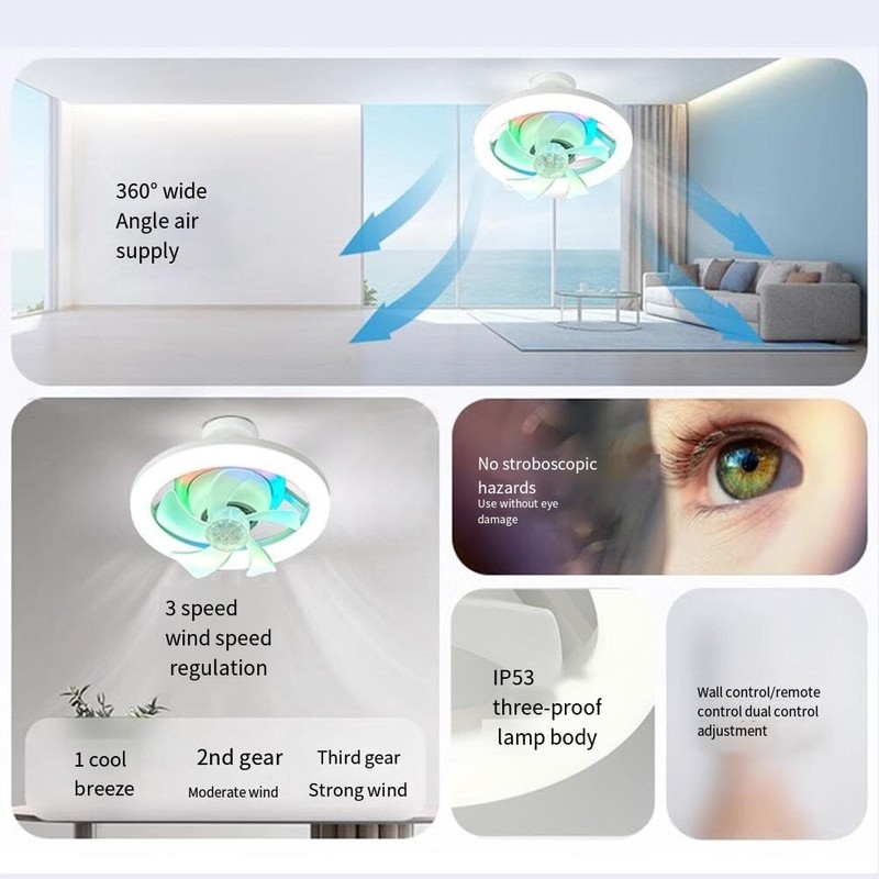 Demiawaking Fan LED Ceiling Fan with Lighting, Universal E27 LED