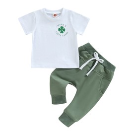 Infant Toddler Baby Boy St Patricks Day Outfits Short Sleeve Shirts Clover Sweatshirt with Pants 2Pcs Clothes Set (Clover S White A, 12-18 Months)