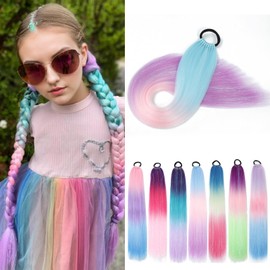 1 Packs 26 Inch Rainbow Ponytail Hair Extensions with Tinsel Hair for Jumbo Braiding Hair Extensions Soft Yaki Straight Synthetic Hair Glitter Ponytail for Girls DIY Box Braids (blue-pink-purple)