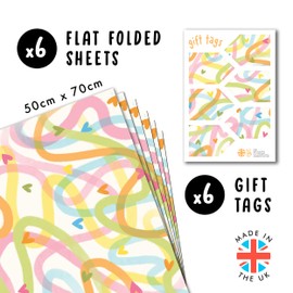 Girls Birthday Wrapping Paper - 6 Sheets Heart Wrapping Paper for Women - Pastel Swirls - Baby Shower, Anniversary, Valentine's Day - Comes with Stickers - From Central 23