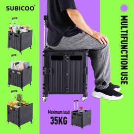 SUBICOO Folding Utility Cart Portable Rolling Crate Handcart Shopping Trolley Collapsible Tool Box, with Lid, on 4 Rotate Wheels, for Grocery, Shopping, Office, Teacher, Camp(Black)