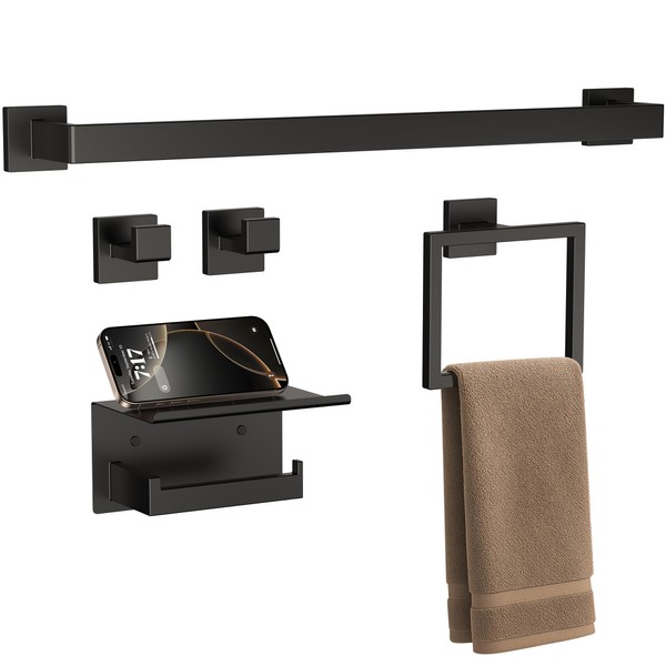 5-Piece Matte Black Bathroom Accessories Set, 23.6 Inch Bathroom Hardware