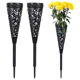 YHNTGB 2 Sets Memorial Flower Holder for Cemetery Grave Yard Decorations Black Plastic Conical Vases with Spikes for Gravestone Garden Ground Outdoor Marker Decorations