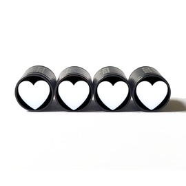 White Heart Tire Valve Caps - Black Aluminum - Set of Four