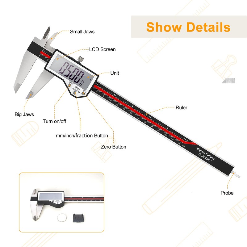 Digital Caliper, 8" Caliper Measuring Tool Extreme Accuracy Waterproof Electronic