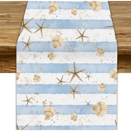 Camino de mesa dorado Seashell, acuarela, líneas azules náuticas de verano, diseño de estrellas de mar subacuáticas, para cocina, comedor, boda, decoración de fiesta, 13 x 108 pulgadas