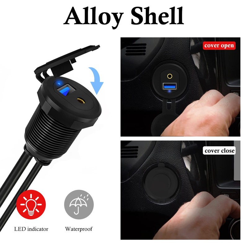 BATIGE Alloy USB 3.0 AUX DC3.5mm Port Car Mount Flush