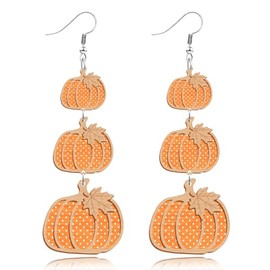 Skyfun Wooden Pumpkin Earrings for Women Lightweight Double Side Printed Polka Dot Orange Thanksgiving Earrings Dangle Autumn Fall Holiday Jewelry, 3 Pumpkins with Maple Leaf