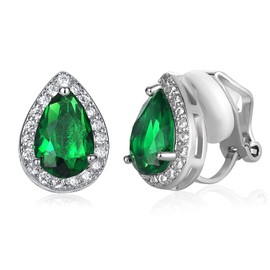SELOVO Teardrop Green Cubic Zirconia Clip On Earrings Stud Silver Tone