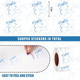Whaline 500Pcs Blue Bow Thank You Sticker Watercolor Bowknot Paper Decal Coquette Adhesive Seal Sticker Label for Baby Shower Party Small Business Supplies, 1.5 in