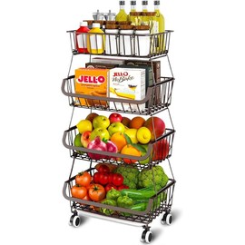 Modern 4 Tier Fruit Vegetable Storage Basket with Rolling Wheels - Dining Table and Kitchen Counter Organizer - Creative Fruit Basket Stand Made of Iron - Perfect for Pantry Bathroom Laundry