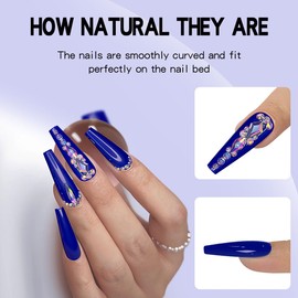 Yivaiks Rhinestone Press on Nails Blue with Charms Long Fake Nails with Glue on Artificial Nails Glossy False Nails 24pcs