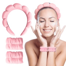 Hroevc 3 PCS Spa Headband for Washing Face, Terry Cloth Facial Puffy Makeup Headband for Women, Spa Headband and Wristband Set(Pink)