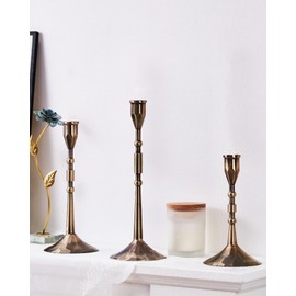 YOUTUOY Handmade Taper Vintage Candle Holders, Set of 3 Candle Sticks Holder Decor, Candlestick Holders (Bronze)