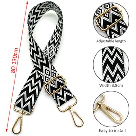 Adjustable Shoulder Strap for Bags, Black, Bag Straps for Changing, Bag Strap Wide with Carabiner Gold, 80-130 cm Carry Strap, Bag for Women, Shoulder Bags, Modern Handbag, 3.8 cm, 09