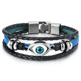 COOLSTEELANDBEYOND Three-Row Mens Women Tribal Evil Eye Bead Charm Black Blue Leather Bracelet Wristband Wrap Bracelet(CA)