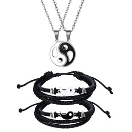 Flongo Yin Yang Partner Bracelets Partner Chain Set - 2 Silver Stainless Steel Pair Necklaces with Tai Chi Puzzle Pendant and 2 Braided Rope Leather Couples Bracelets Adjustable Gift for Bff