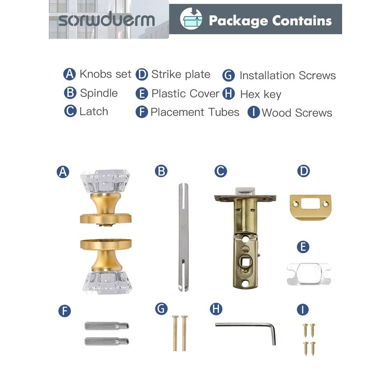 SORWDUERM Gold Door Knobs Crystal Door Knob Brushed Gold Passage