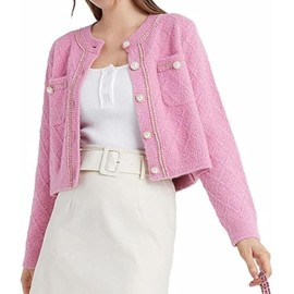 URBAN REVIVO Women's Knit Cardigan Sweaters Casual Long Sleeve Open Front Button Down Trendy Crew Neck Jackets Outerwear Pink, Small