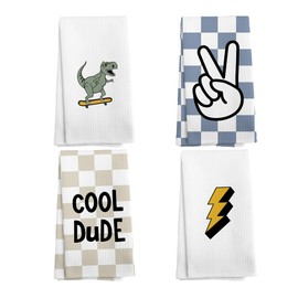 NOQL Trendy Checkered Boys Hand Towels Set of 4, Boys Bathroom Decor, Dinasours Gifts Dish Tea Towels for Kitchen, Blue Brown Checkered Drying Cloth Hand Towels for Kids Boys Bathroom, 16x24 Inches