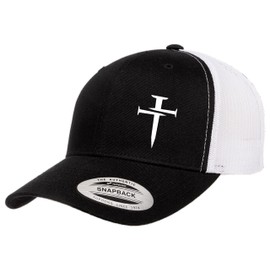 Mari Kyrios Christian Hat 3 Nail Cross Heart Side Heat Pressed Black on White Curved Bill - Mesh Trucker Snapback Cap