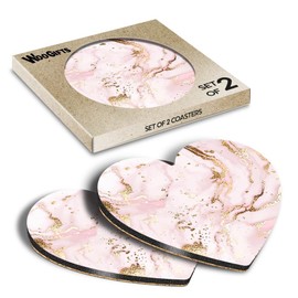 2 x Heart Coasters - Pink & Gold Marble Art Anniversary Cork Backed MDF Glossy Tea Coffee Accessory #170719