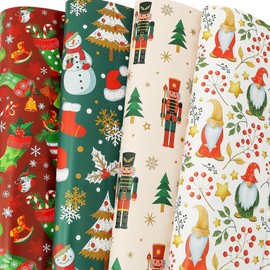 U'COVER Christmas Wrapping Paper Sets - 8 Large Red Green Gift Wrap Sheet Holiday Xmas Gift Wrapping Paper for Kids Boys Girls Women Men Design - Nutcracker, Santa, Gnomes, Snowman, Stocking 27X37inch