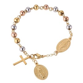 Bracelets for Women and Men,Catholic Virgin Mary Cross Bracelet,Rose Gold/Gold/Stainless Steels Bead Charm Link Chain Rosary Bracelets,Religious First Communion Confirmation Baptism Jewelry Gifts