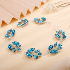 Teyglen Blue Crystals Bride Wedding Headband Hair Vine Handmade Bridal Silver Rhinestones Headband Wedding Hair Accessories for Brides Vintage Headpieces for Women Girl Party Prom Birthday (Lake Blue)