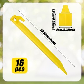 16 Pack Plastic Tent Stakes, 9 Inch Long Heavy Duty Beach Tent Pegs, Durable Garden Lawn Tarp Stakes, Tent Spikes Nails Pegs Hammer for Outdoor Beach Camping Courtyard Decorative Accessories (Yellow)