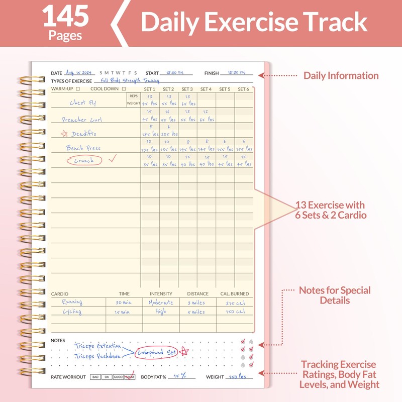 Fitness Journal Workout Planner, A5(6.4" x 8.3") Workout Journal &