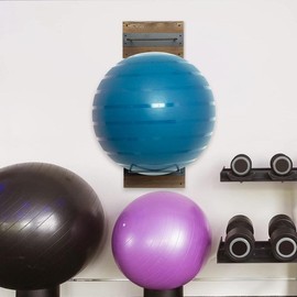 Wall Mounted Exercise Ball Holder, Gym Yoga Studio Storage Display Rack with Burnt Wood and Black Metal Wire, Set of 2