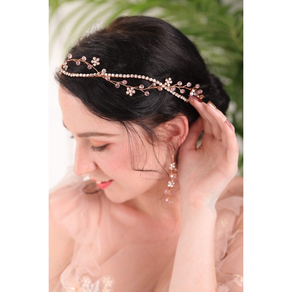FXmimior - Juego de pendientes y diademas para el pelo de oro rosa con diamantes de imitación y flores de cristal rosa para novia, estilo vintage