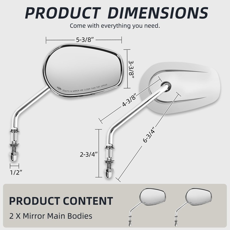Motorcycle Mirrors, Long Stem Chrome Handlebar Side Mirrors Compatible with