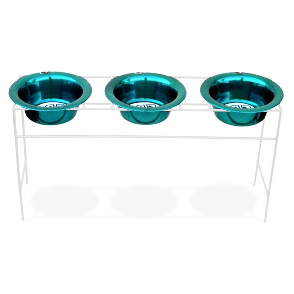 Platinum Pets White Triple Modern Diner Stand with 4 Cup Stainless Steel Dog Bowls in Caribbean Teal