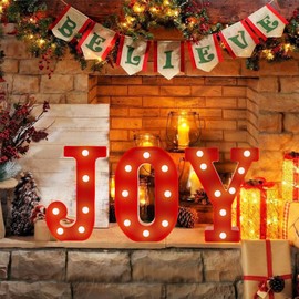 LED Lighted Joy Sign - Red Christmas Joy Letters Table or Wall Decoration, Indoor Holiday Joy Marquee Light Up Sign for Xmas Party Home Fireplace Decor, Battery Operated - 8.5 Inch