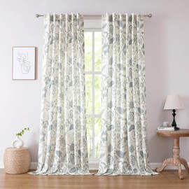 Kayne Studio Linen Textured Botanical Semi Sheer Curtains, Blue Grey Floral Farmhouse Curtains for Living Room Bedroom, Light Filtering Jacobean Curtain Panels, Rod Pocket Back Tab,52"x95",2 Panels