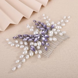 Teyglen Pearl Bride Wedding Hair Comb Bridal Purple Rhinestone Pearl Hair Comb for Party Prom Wedding Hair Accessories for Women Handmade Crystal Hair Piece Headpiece (Purple)