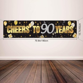 PMELCXD 90th Birthday Banner, Happy 90th Birthday Decorations with Cheers to 90 Years, Black Gold Glitter Birthday Sign Backdrop Supplies for 90 Birthday