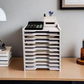A4 Wooden Desk Letter Tray, Paper Organizer Storage with Adjustable Shelves, Stackable File Sorter for Notes, Pens, File Paper and Desk(Portrait-10tray(with 9 Adjustable Shelves))